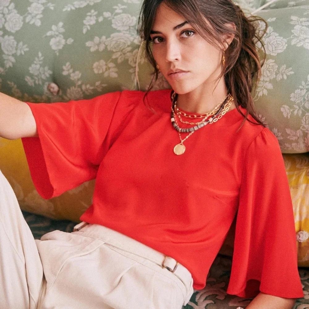 Sezane Gaby Blouse 34 2 Red 100% Silk Short Bell Sleeve Top Shirt Sézane NWT